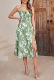 Green Printed Spaghetti Straps Midi Summer Dress With Slit