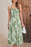 Green Printed Spaghetti Straps Midi Summer Dress With Slit