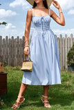 Blue Satin Corset A Line Midi Summer Dress With Slit
