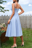 Blue Satin Corset A Line Midi Summer Dress With Slit