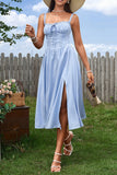 Blue Satin Corset A Line Midi Summer Dress With Slit