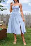 Blue Satin Corset A Line Midi Summer Dress With Slit