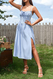 Blue Satin Corset A Line Midi Summer Dress With Slit