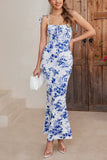 Blue Printed Mermaid Spaghetti Straps Long Summer Dress
