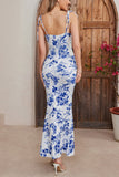 Blue Printed Mermaid Spaghetti Straps Long Summer Dress