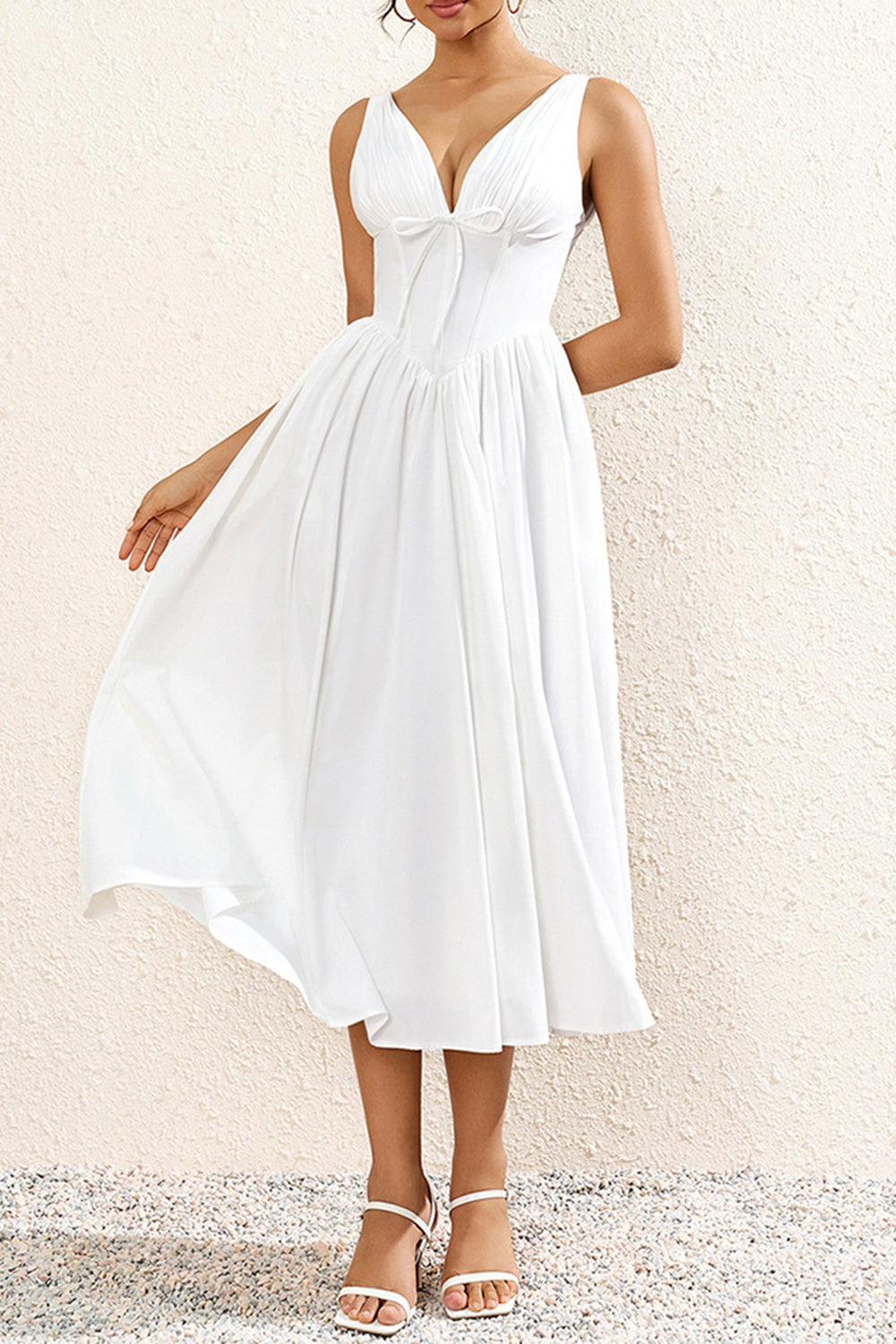 Simple White V Neck A Line Long Summer Dress with Bow