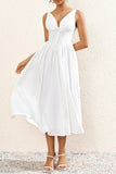 Simple White V Neck A Line Long Summer Dress with Bow