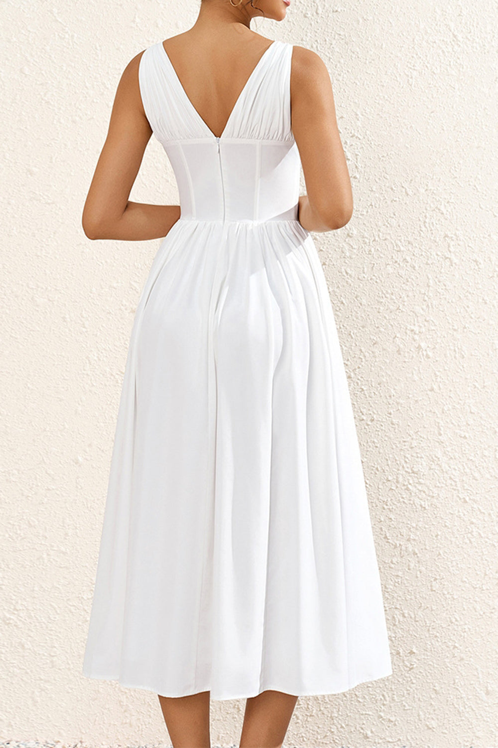 Simple White V Neck A Line Long Summer Dress with Bow