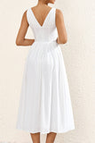 Simple White V Neck A Line Long Summer Dress with Bow