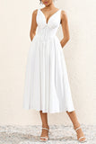 Simple White V Neck A Line Long Summer Dress with Bow