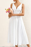 Simple White V Neck A Line Long Summer Dress with Bow