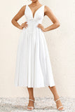 Simple White V Neck A Line Long Summer Dress with Bow