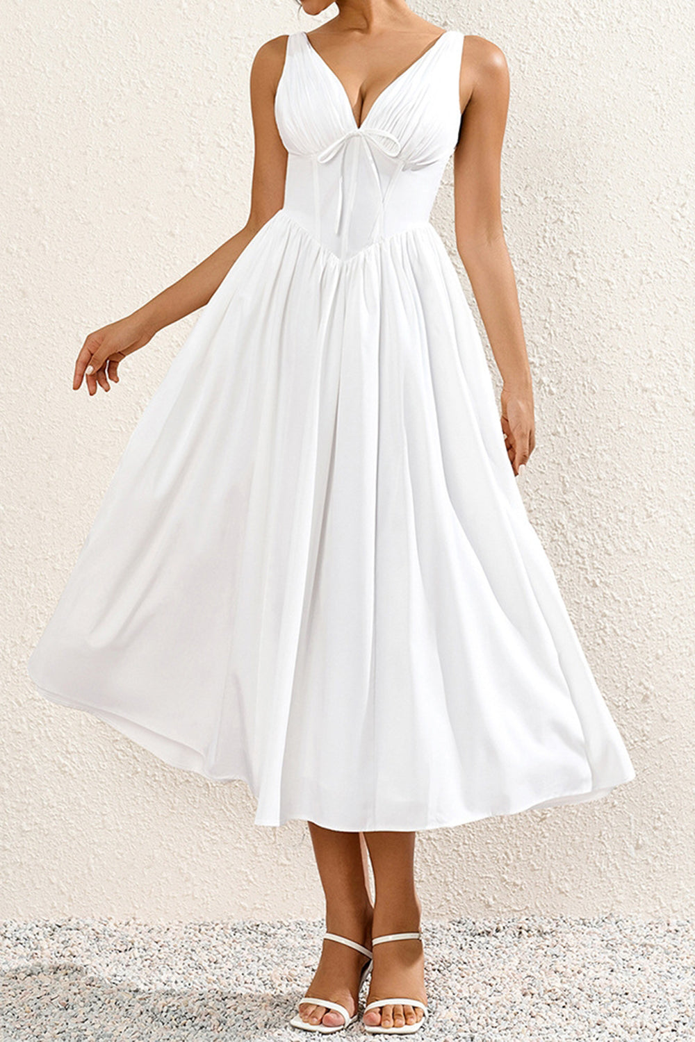 Simple White V Neck A Line Long Summer Dress with Bow