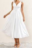 Simple White V Neck A Line Long Summer Dress with Bow