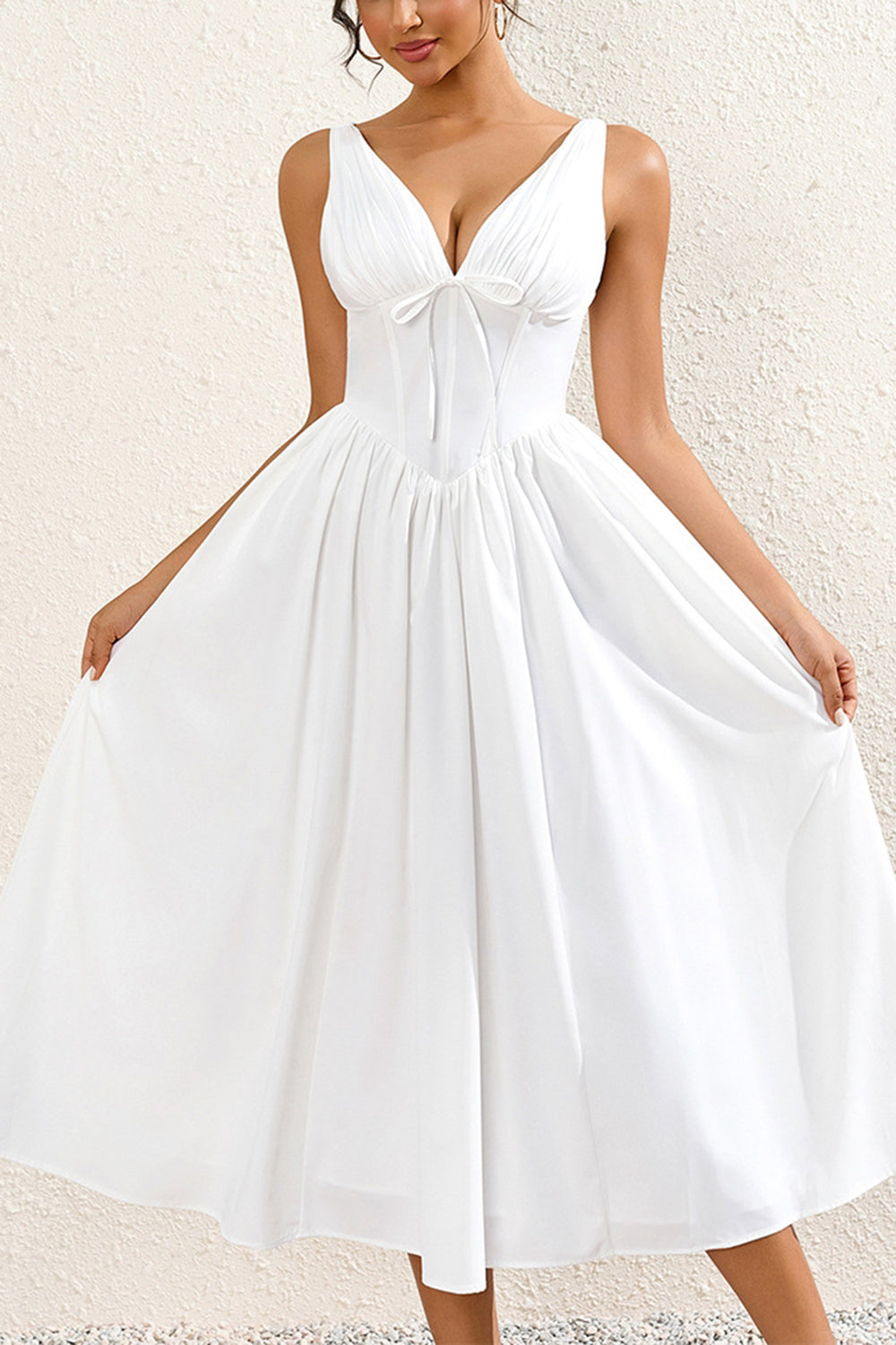 Simple White V Neck A Line Long Summer Dress with Bow