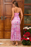 Fuchsia Floral Sheath Spaghetti Straps Long Summer Dress