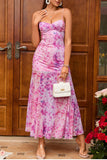 Fuchsia Floral Sheath Spaghetti Straps Long Summer Dress