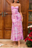 Fuchsia Floral Sheath Spaghetti Straps Long Summer Dress