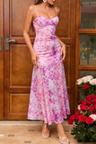 Fuchsia Floral Sheath Spaghetti Straps Long Summer Dress