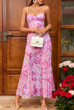 Fuchsia Floral Sheath Spaghetti Straps Long Summer Dress