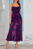 Fuchsia Floral Sheath Spaghetti Straps Long Summer Dress