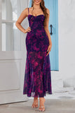 Fuchsia Floral Sheath Spaghetti Straps Long Summer Dress