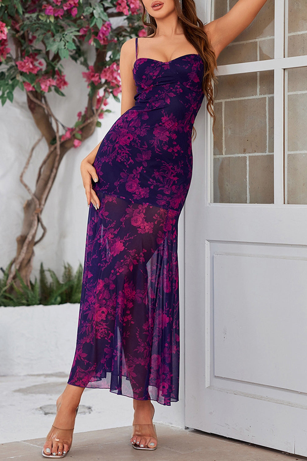 Fuchsia Floral Sheath Spaghetti Straps Long Summer Dress