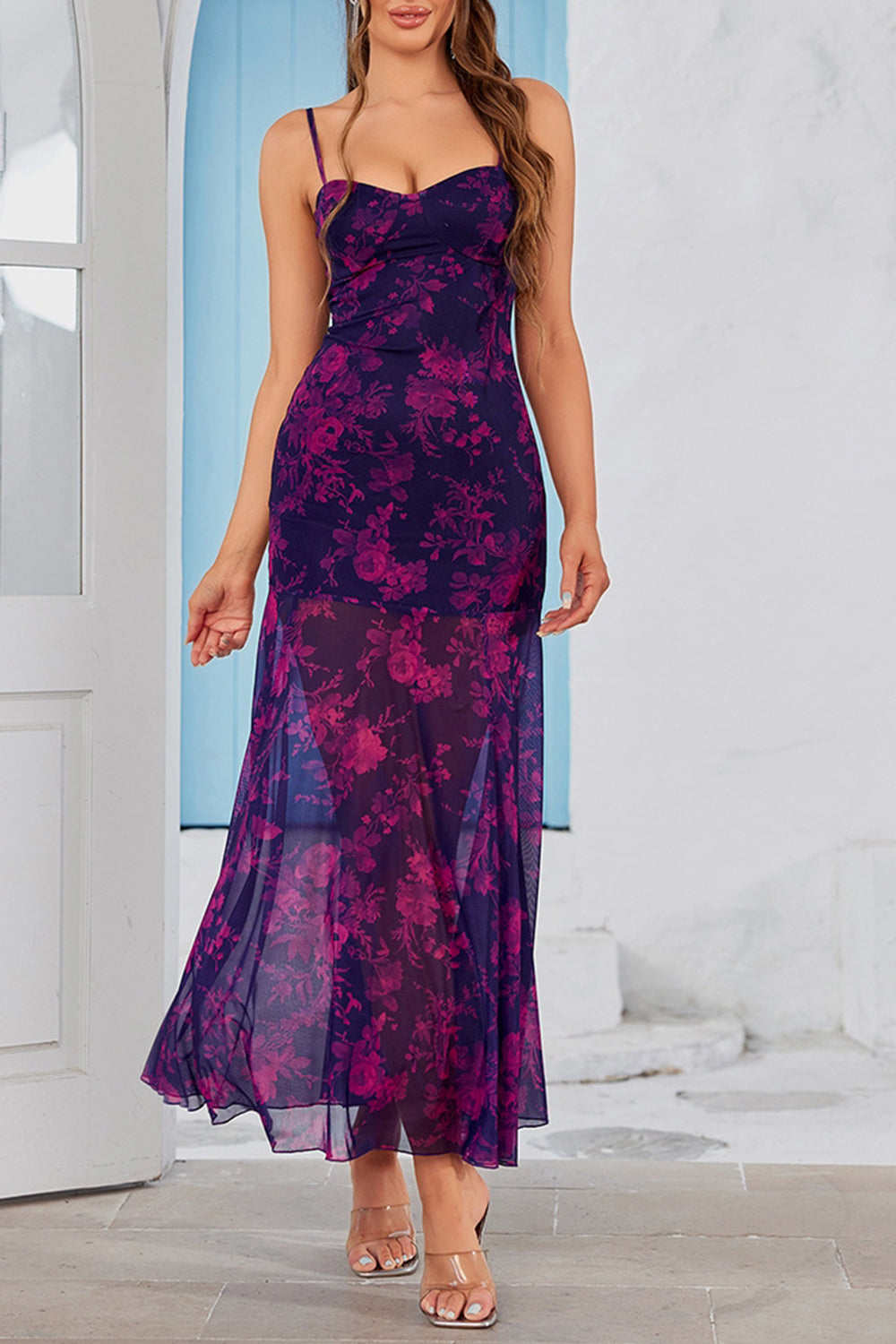Fuchsia Floral Sheath Spaghetti Straps Long Summer Dress