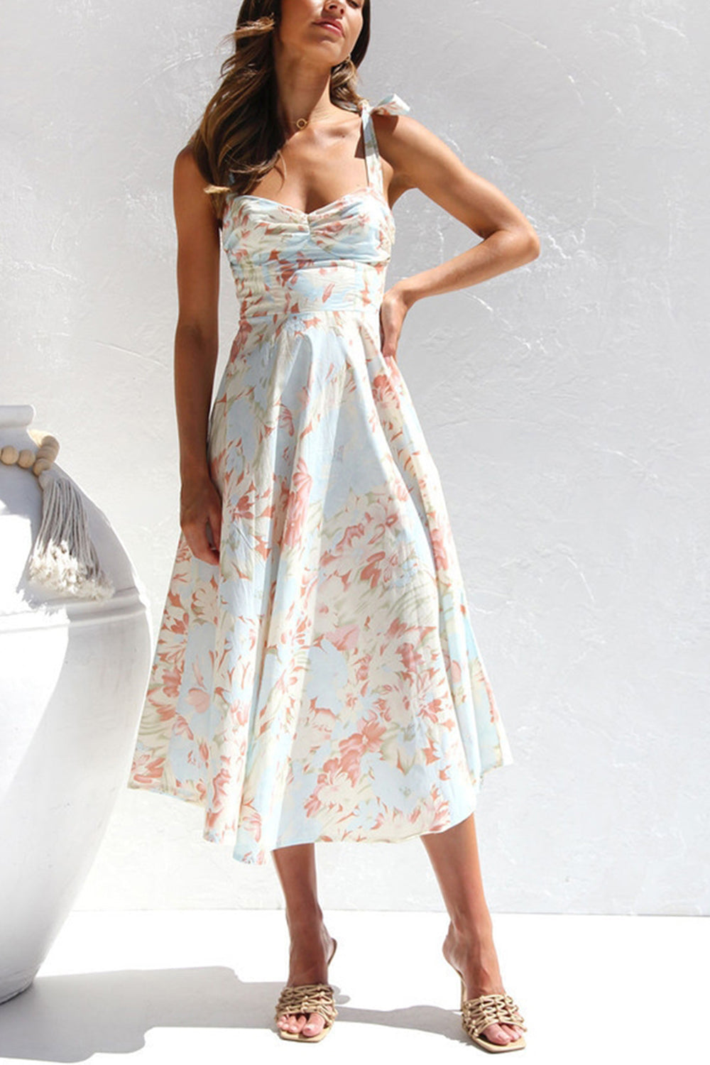 Yellow Blue Flower A Line Square Neck Long Summer Dress