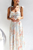 Yellow Blue Flower A Line Square Neck Long Summer Dress