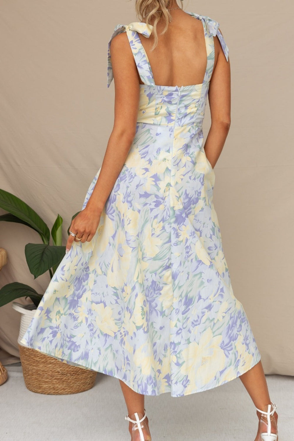 Yellow Blue Flower A Line Square Neck Long Summer Dress