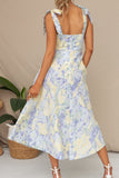 Yellow Blue Flower A Line Square Neck Long Summer Dress