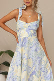 Yellow Blue Flower A Line Square Neck Long Summer Dress