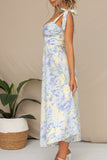 Yellow Blue Flower A Line Square Neck Long Summer Dress