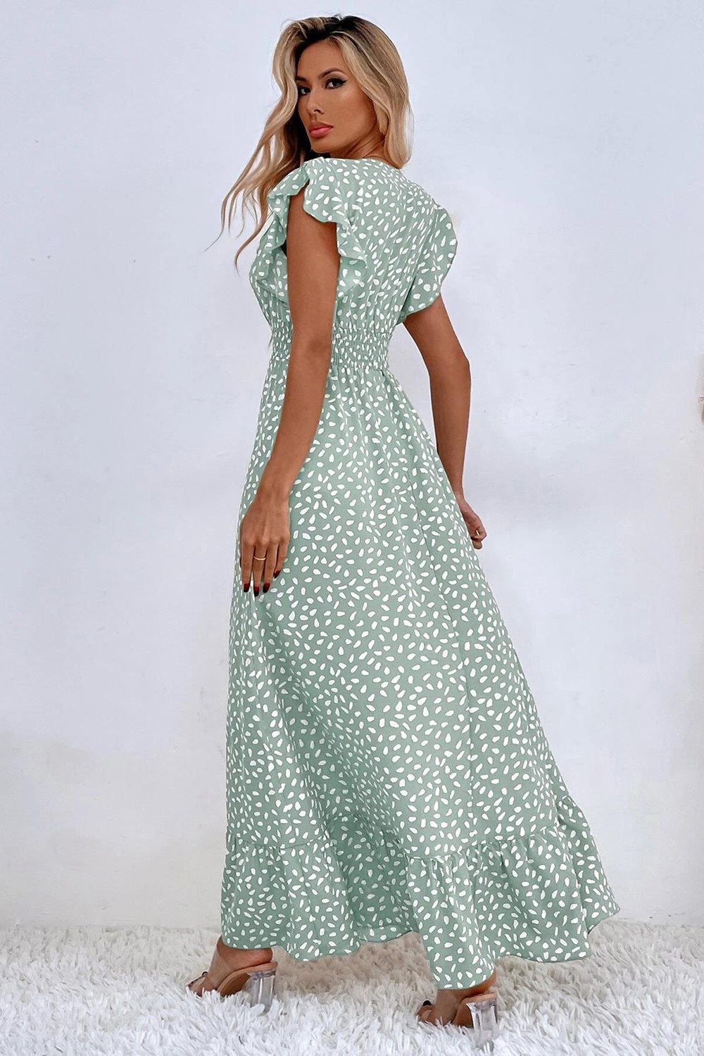 Kahki Polka Dot Ruffle Sleeves A Line Long Summer Dress