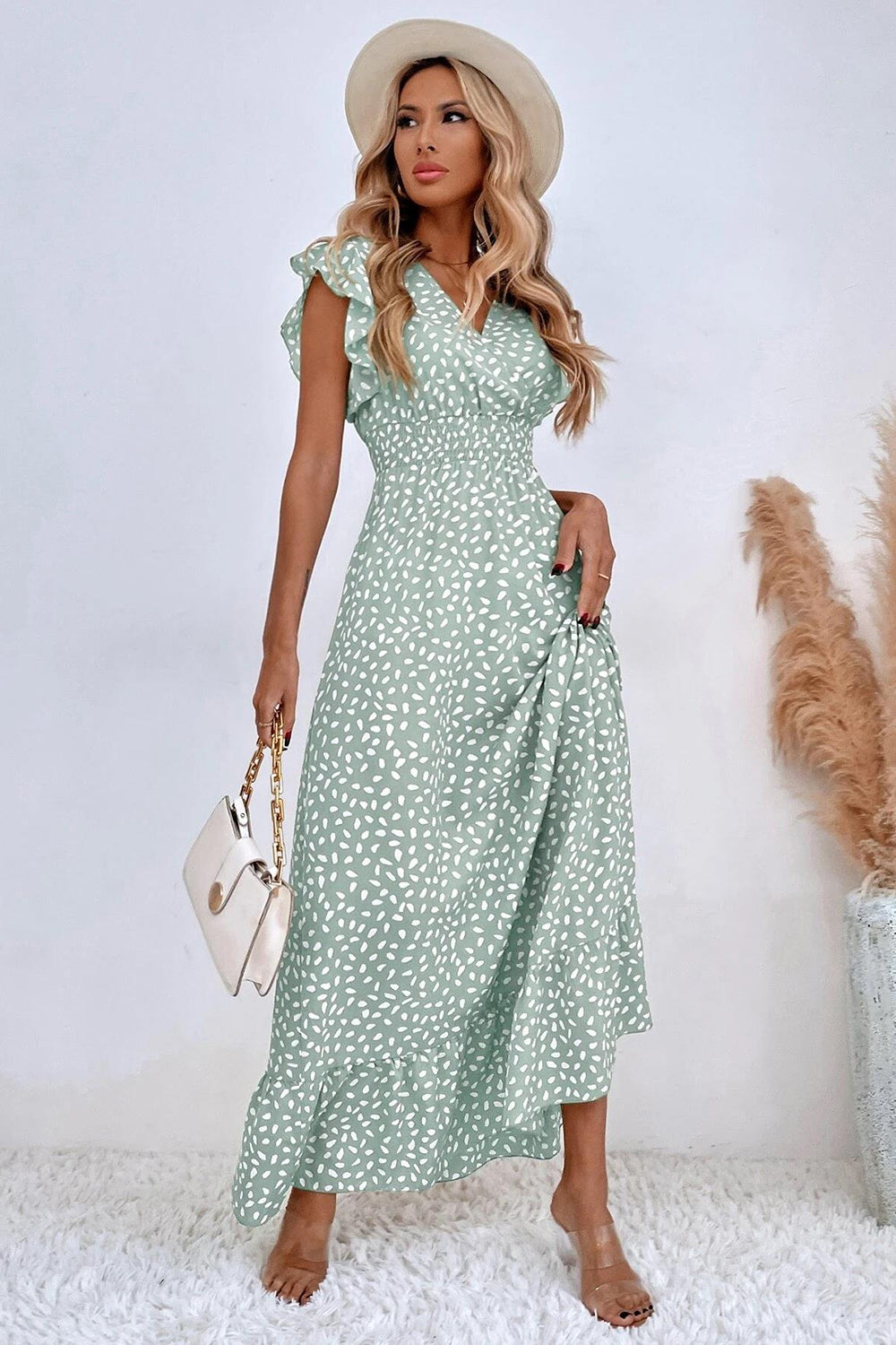 Kahki Polka Dot Ruffle Sleeves A Line Long Summer Dress