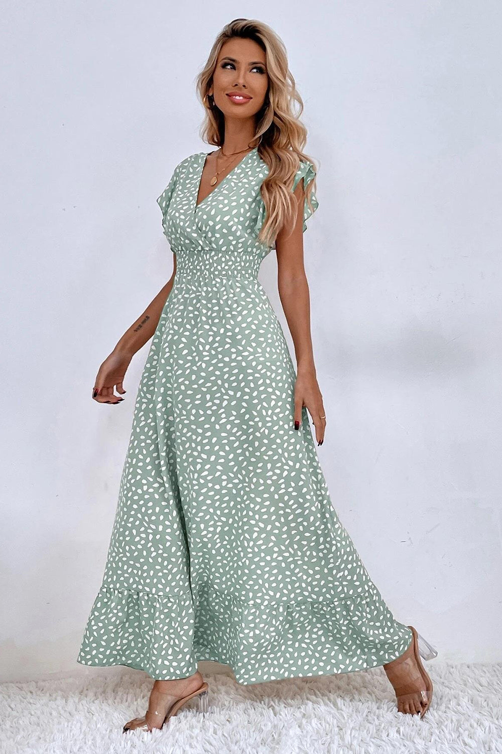 Kahki Polka Dot Ruffle Sleeves A Line Long Summer Dress