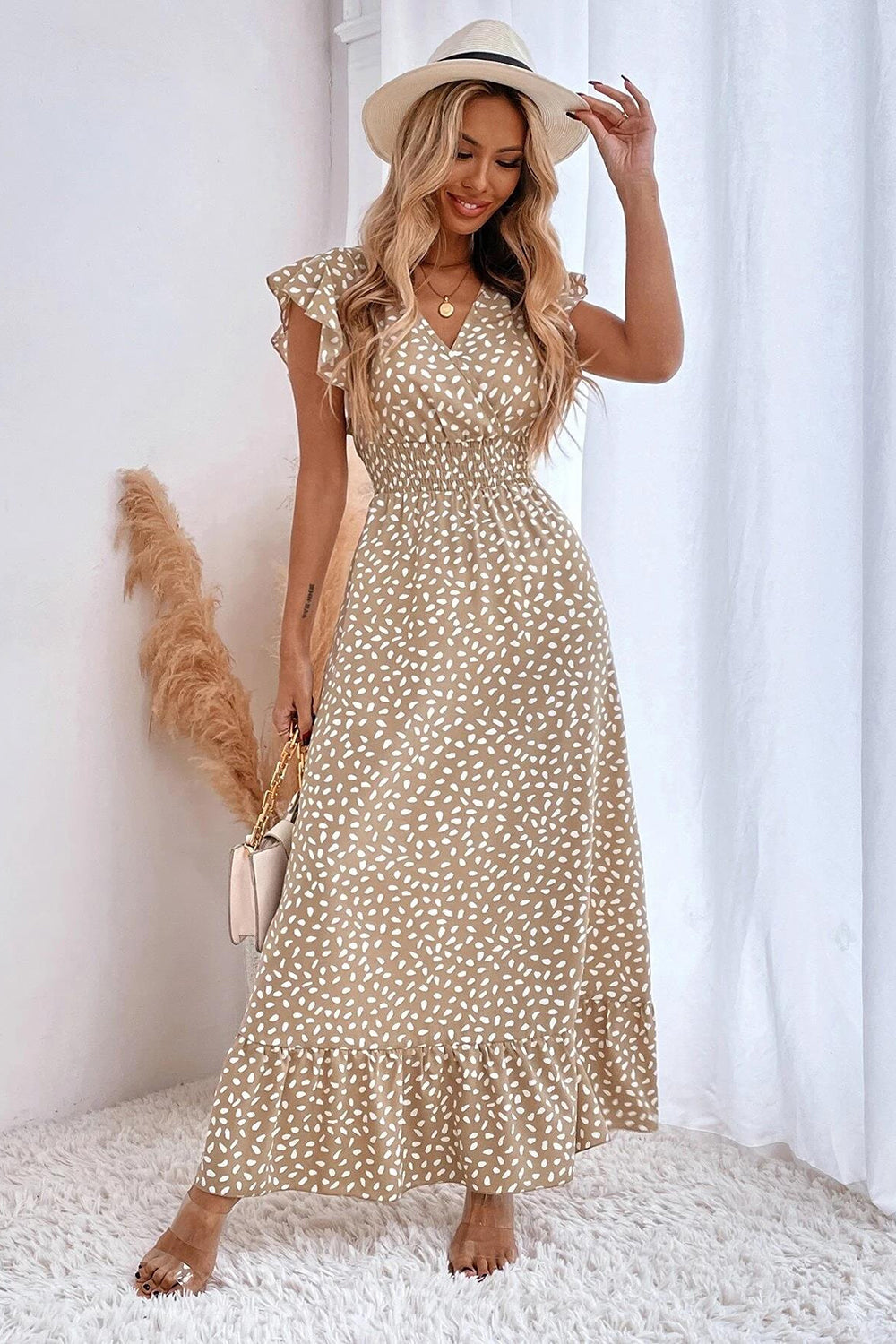 Kahki Polka Dot Ruffle Sleeves A Line Long Summer Dress