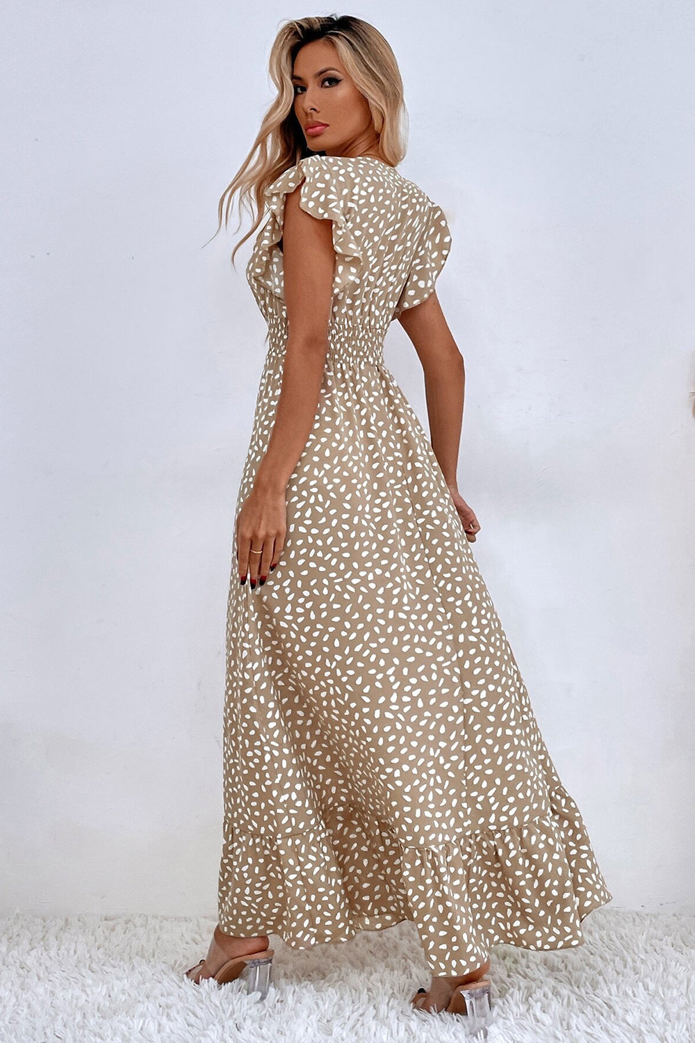 Kahki Polka Dot Ruffle Sleeves A Line Long Summer Dress