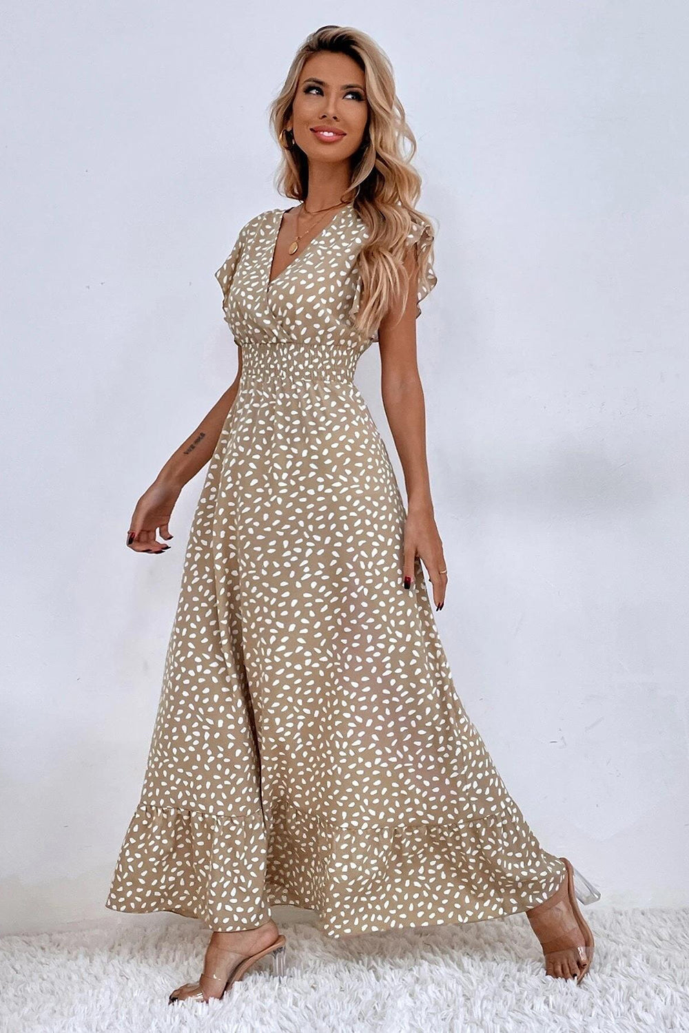 Kahki Polka Dot Ruffle Sleeves A Line Long Summer Dress