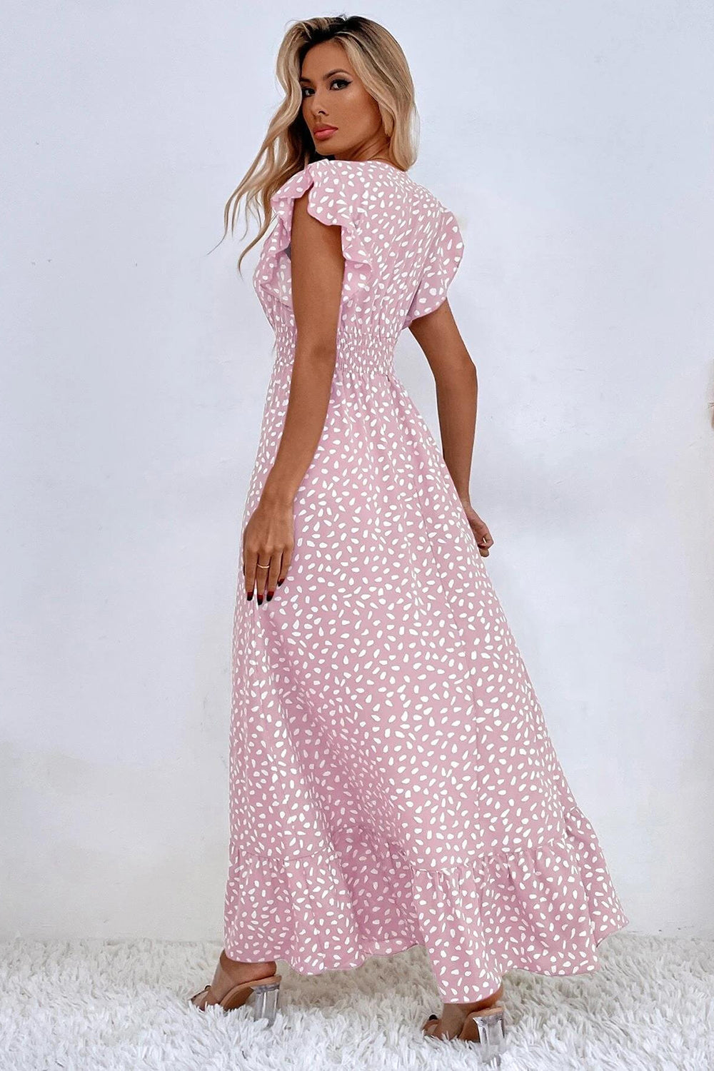 Kahki Polka Dot Ruffle Sleeves A Line Long Summer Dress
