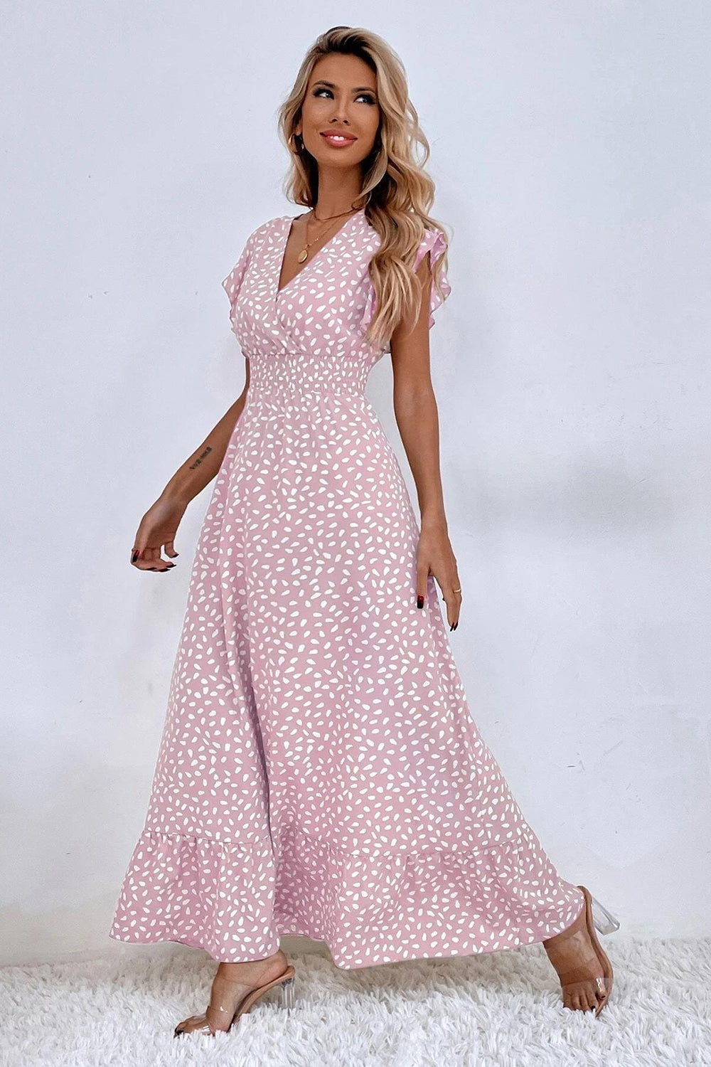 Kahki Polka Dot Ruffle Sleeves A Line Long Summer Dress