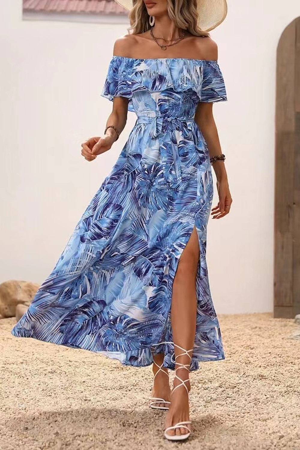 Green Orange Printed Off The Shoulder Long Summer Dress with Slit