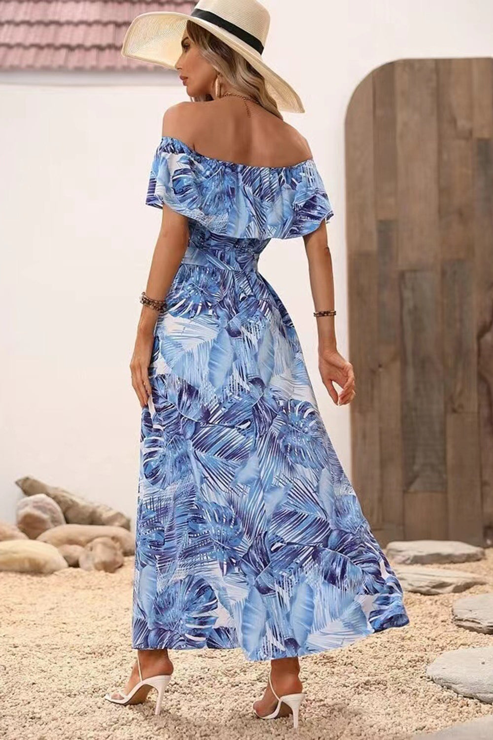 Green Orange Printed Off The Shoulder Long Summer Dress with Slit