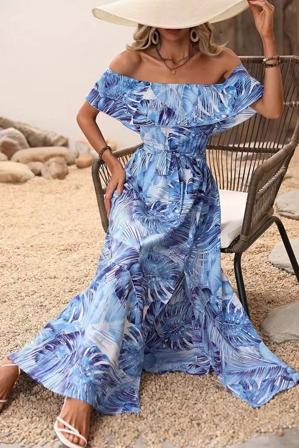 Green Orange Printed Off The Shoulder Long Summer Dress with Slit