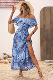 Green Orange Printed Off The Shoulder Long Summer Dress with Slit