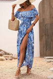 Green Orange Printed Off The Shoulder Long Summer Dress with Slit