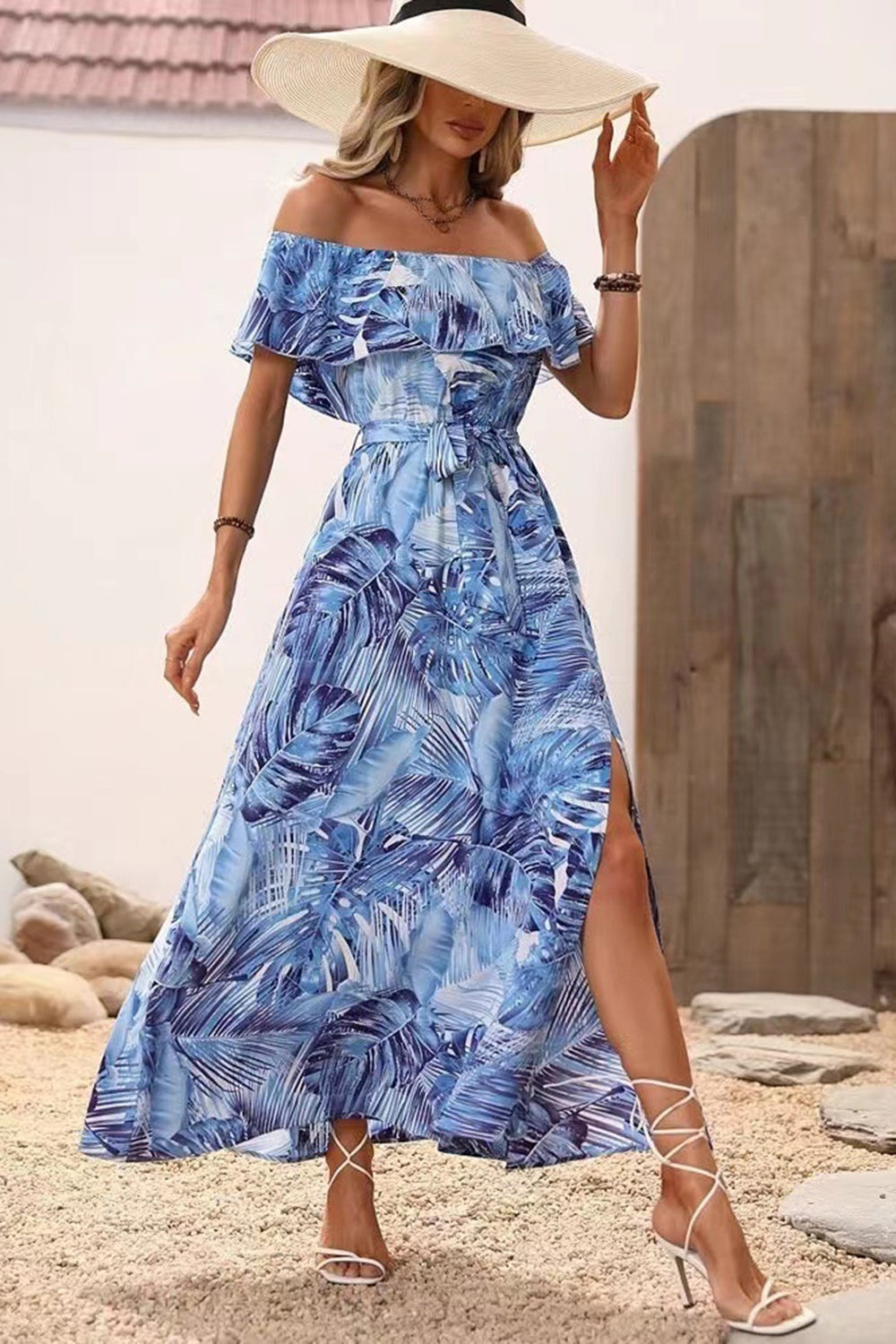 Green Orange Printed Off The Shoulder Long Summer Dress with Slit