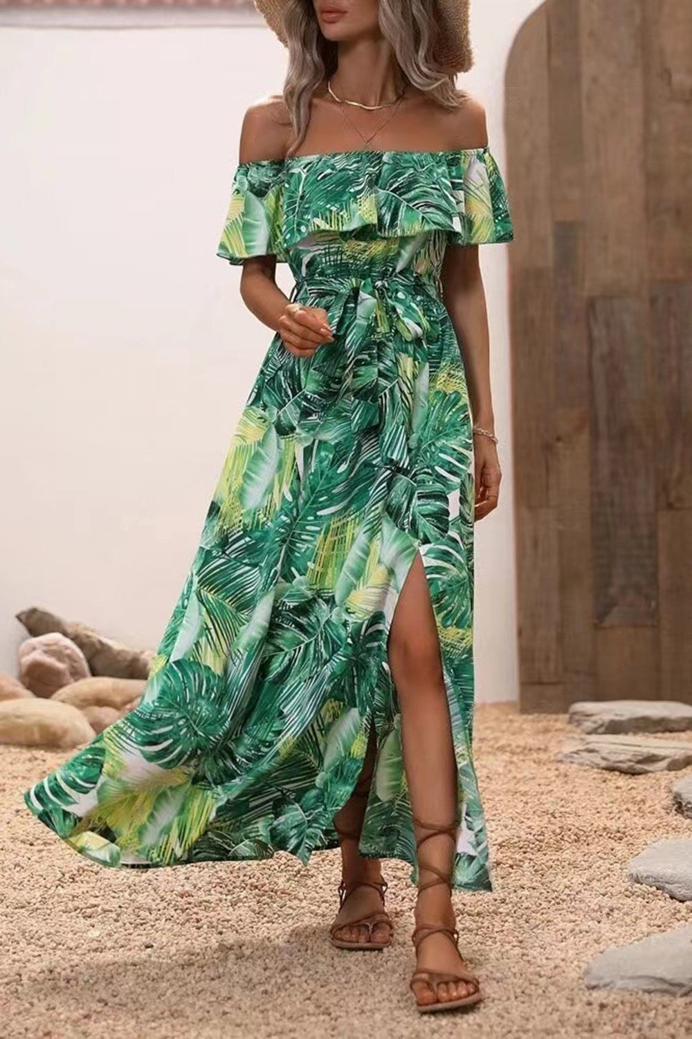Green Orange Printed Off The Shoulder Long Summer Dress with Slit