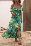 Green Orange Printed Off The Shoulder Long Summer Dress with Slit